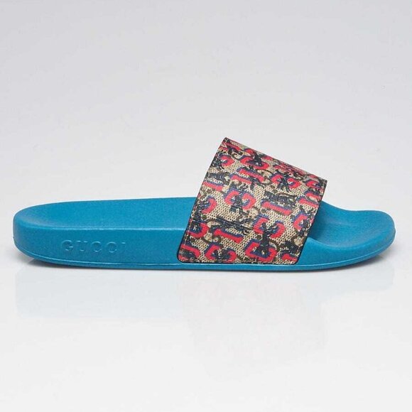 Gucci Beige/Red GG Coated Canvas and Rubber Slide Sandals Size 3.5/34 - Picture 4 of 5